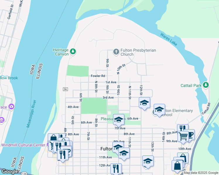 map of restaurants, bars, coffee shops, grocery stores, and more near 105 9th Street in Fulton