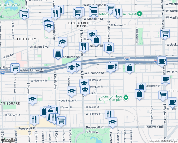 map of restaurants, bars, coffee shops, grocery stores, and more near 2930 West Harrison Street in Chicago