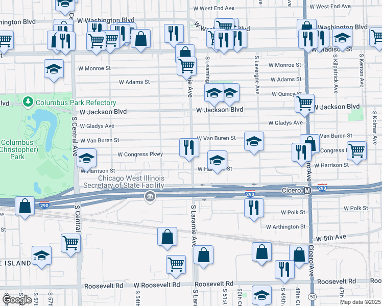 map of restaurants, bars, coffee shops, grocery stores, and more near 5200 West Congress Parkway in Chicago