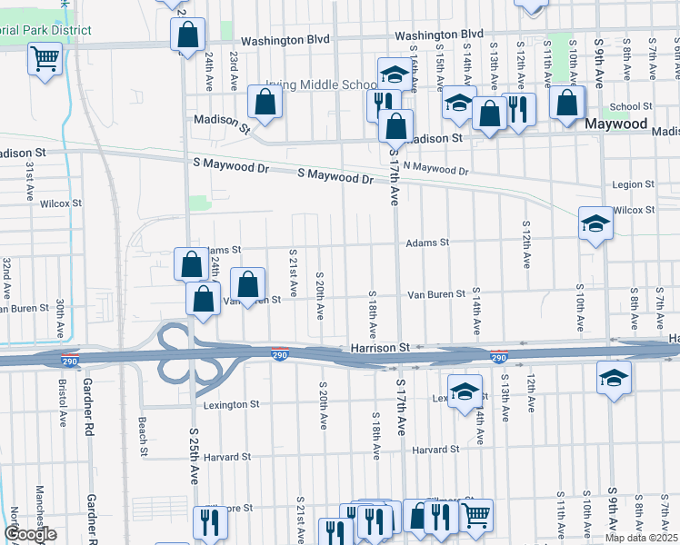map of restaurants, bars, coffee shops, grocery stores, and more near 1424 South 19th Avenue in Maywood