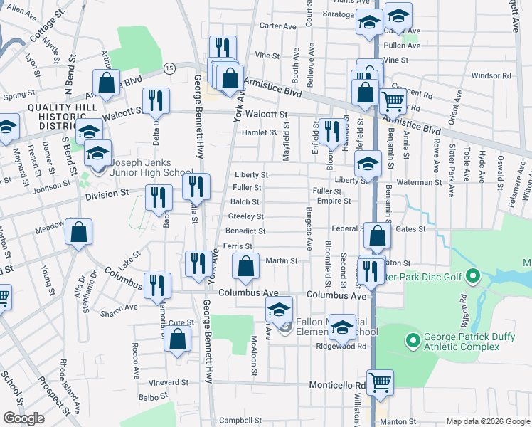 map of restaurants, bars, coffee shops, grocery stores, and more near 30 Gilmore Street in Pawtucket