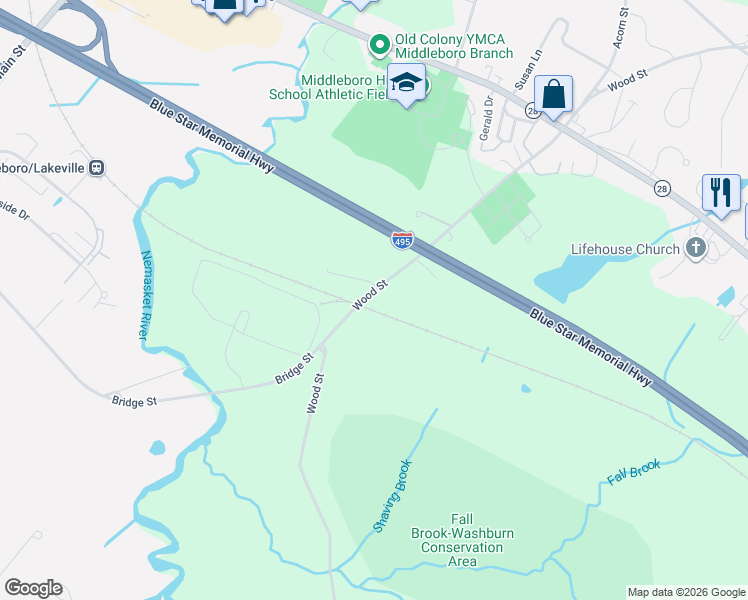 map of restaurants, bars, coffee shops, grocery stores, and more near 111 Wood Street in Middleborough
