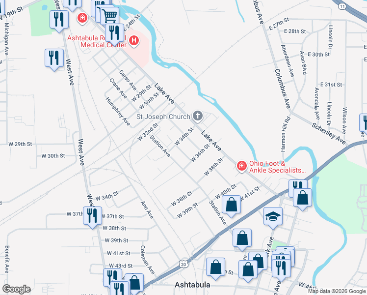 map of restaurants, bars, coffee shops, grocery stores, and more near 3425 Superior Avenue in Ashtabula