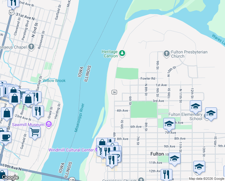 map of restaurants, bars, coffee shops, grocery stores, and more near 116 North 4th Street in Fulton