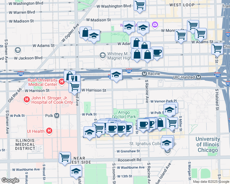 map of restaurants, bars, coffee shops, grocery stores, and more near 601 South Loomis Street in Chicago