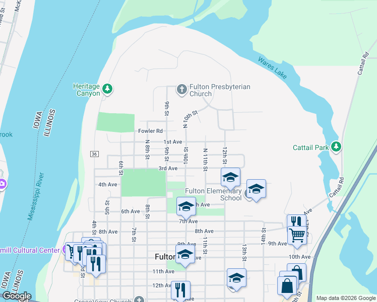 map of restaurants, bars, coffee shops, grocery stores, and more near 111 10th Street in Fulton