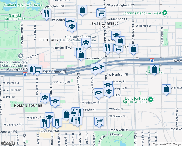 map of restaurants, bars, coffee shops, grocery stores, and more near 3100 West Harrison Street in Chicago