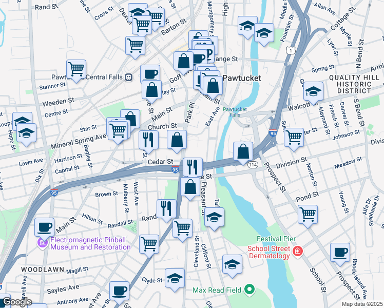 map of restaurants, bars, coffee shops, grocery stores, and more near 2 George Street in Pawtucket