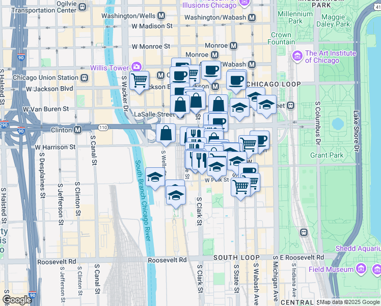 map of restaurants, bars, coffee shops, grocery stores, and more near 619 South LaSalle Street in Chicago