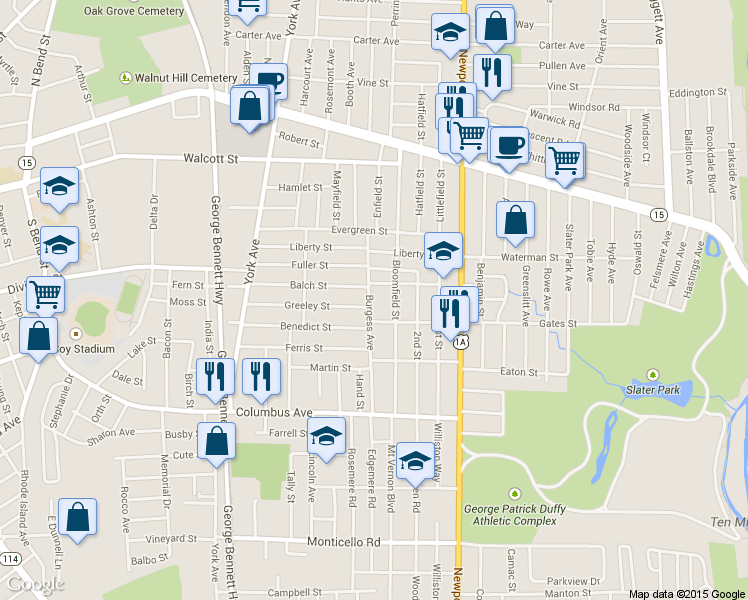 map of restaurants, bars, coffee shops, grocery stores, and more near 88 Burgess Ave in Pawtucket