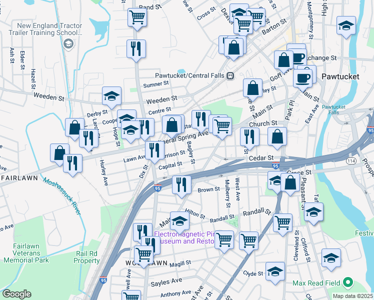 map of restaurants, bars, coffee shops, grocery stores, and more near 181 Harrison Street in Pawtucket