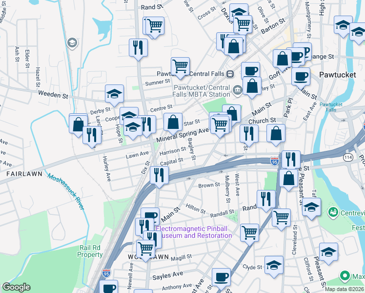 map of restaurants, bars, coffee shops, grocery stores, and more near 181 Harrison Street in Pawtucket