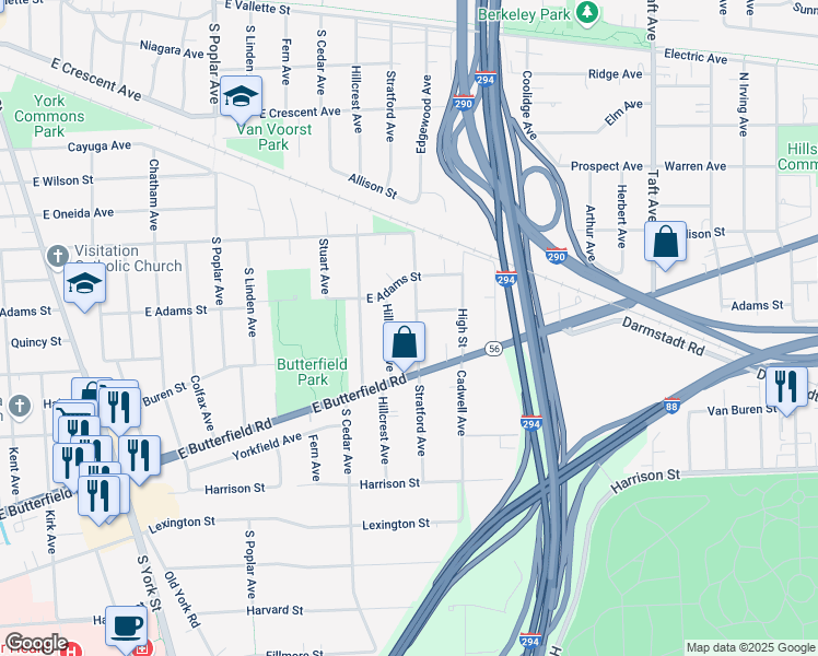 map of restaurants, bars, coffee shops, grocery stores, and more near 840 Stratford Avenue in Elmhurst
