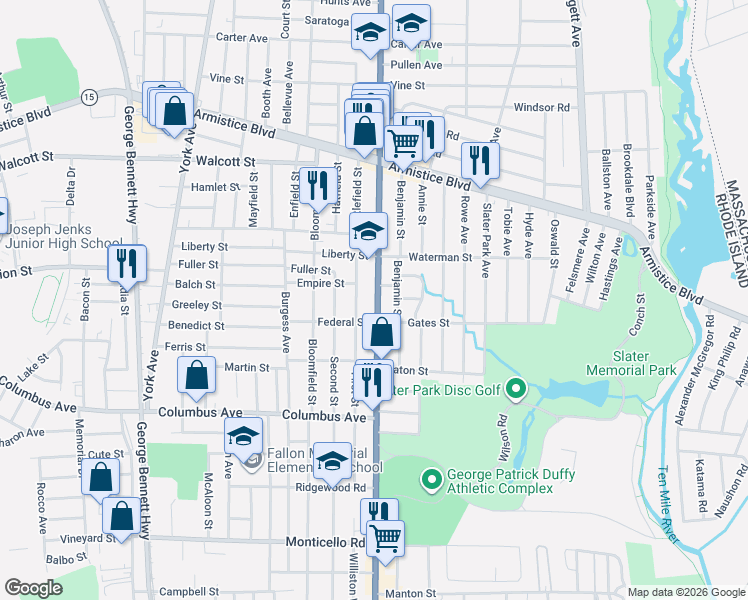 map of restaurants, bars, coffee shops, grocery stores, and more near 56 1st Street in Pawtucket