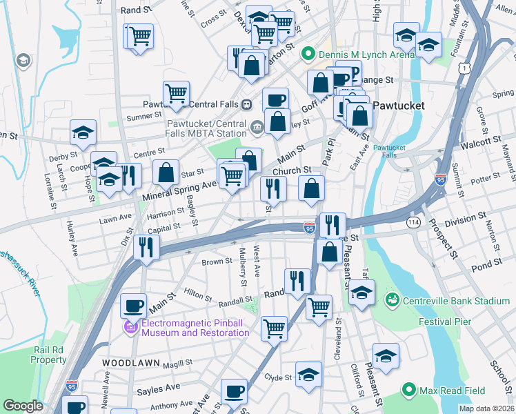 map of restaurants, bars, coffee shops, grocery stores, and more near 53 Garden Street in Pawtucket
