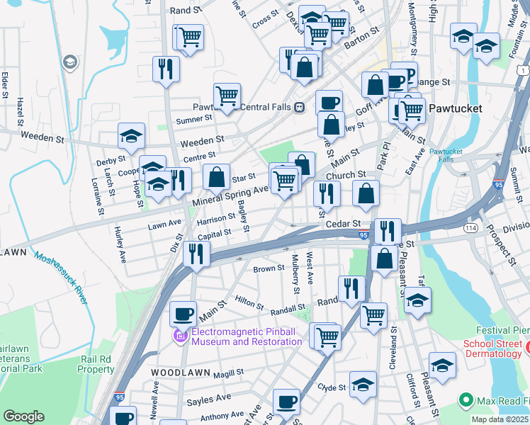 map of restaurants, bars, coffee shops, grocery stores, and more near 146 Harrison Street in Pawtucket