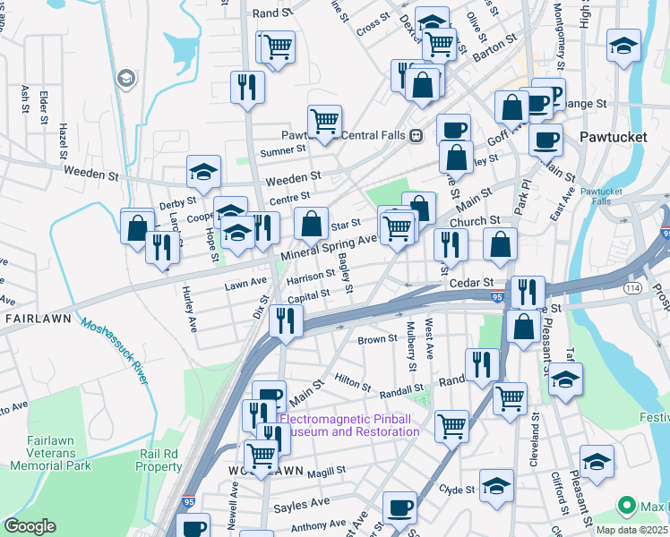 map of restaurants, bars, coffee shops, grocery stores, and more near 181 Harrison Street in Pawtucket