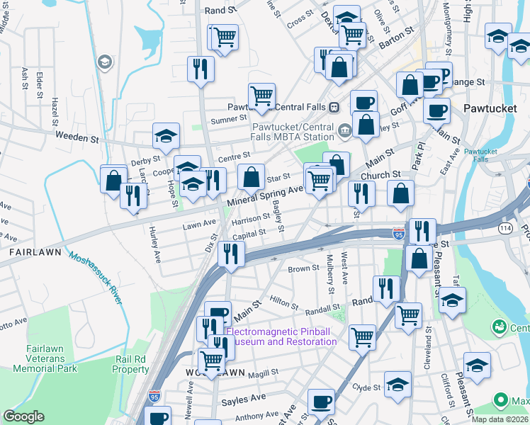 map of restaurants, bars, coffee shops, grocery stores, and more near 181 Harrison Street in Pawtucket