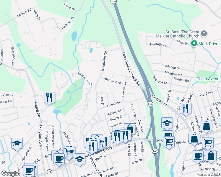 map of restaurants, bars, coffee shops, grocery stores, and more near 26 Dunbar Avenue in North Providence