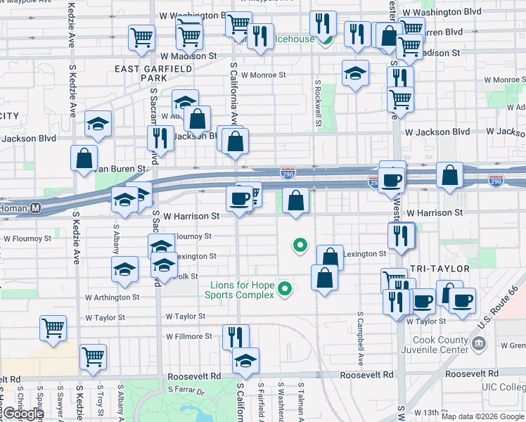 map of restaurants, bars, coffee shops, grocery stores, and more near 2720 West Harrison Street in Chicago