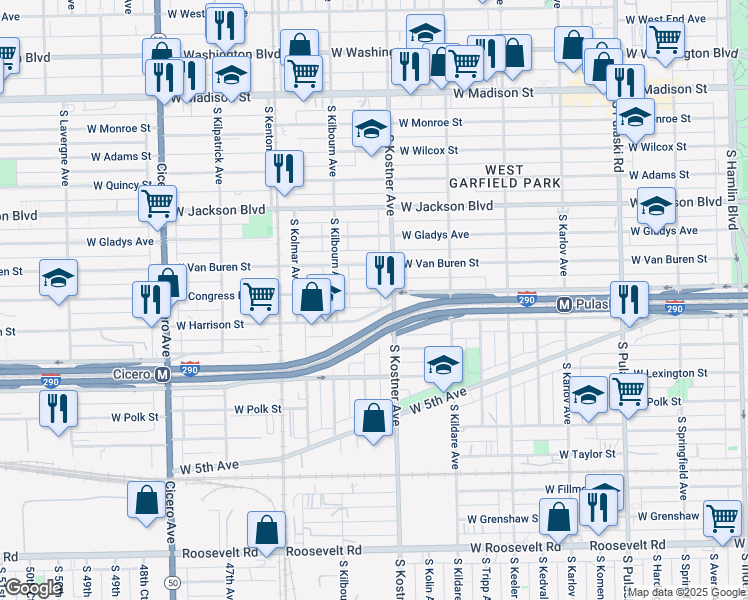 map of restaurants, bars, coffee shops, grocery stores, and more near 4435 West Congress Parkway in Chicago