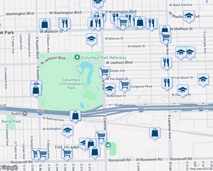 map of restaurants, bars, coffee shops, grocery stores, and more near 5548 West Congress Parkway in Chicago