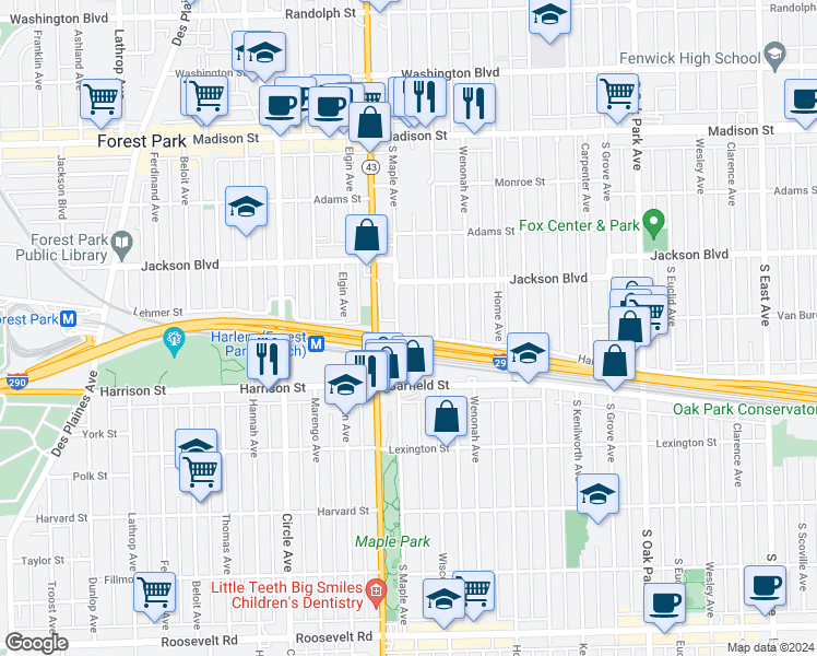 map of restaurants, bars, coffee shops, grocery stores, and more near 837 Wisconsin Avenue in Oak Park
