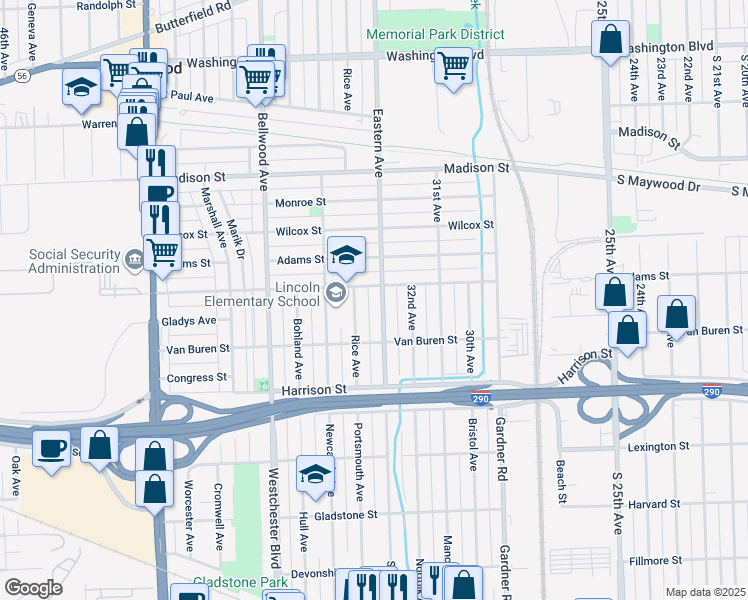 map of restaurants, bars, coffee shops, grocery stores, and more near 1013 Eastern Avenue in Bellwood