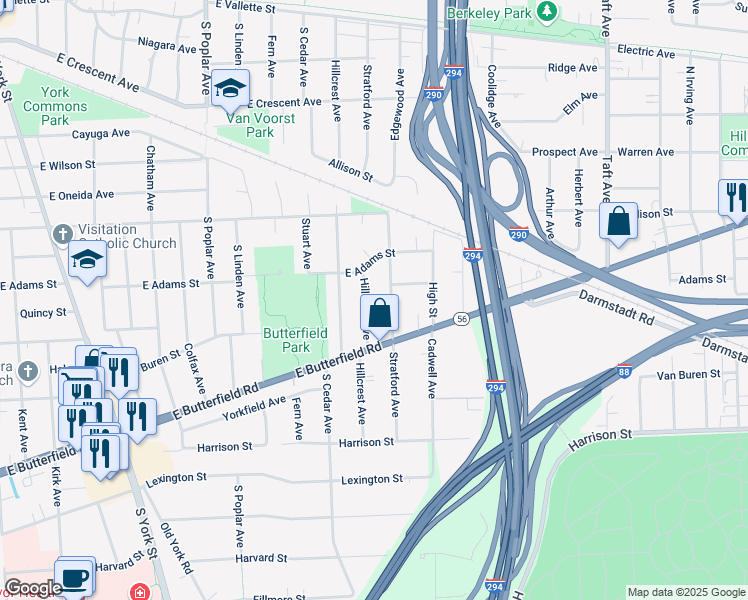 map of restaurants, bars, coffee shops, grocery stores, and more near 840 Stratford Avenue in Elmhurst