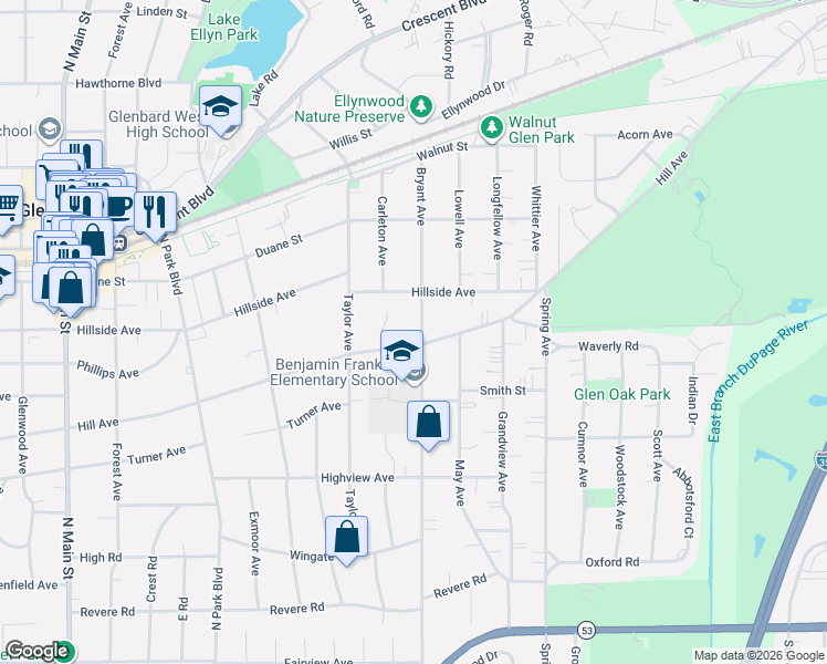 map of restaurants, bars, coffee shops, grocery stores, and more near 394 Bryant Avenue in Glen Ellyn