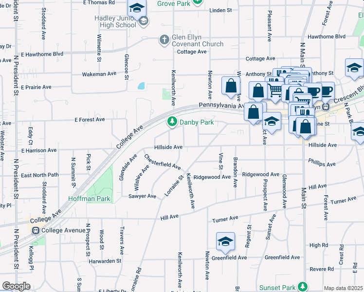 map of restaurants, bars, coffee shops, grocery stores, and more near 403 Dawn Avenue in Glen Ellyn