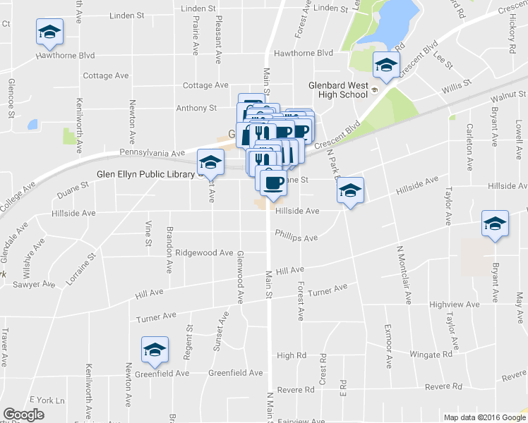 map of restaurants, bars, coffee shops, grocery stores, and more near 537 Hillside Avenue in Glen Ellyn