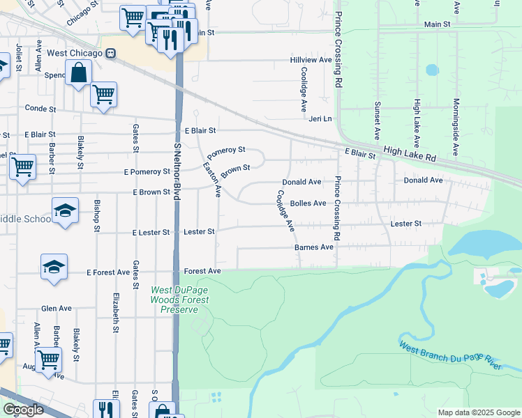 map of restaurants, bars, coffee shops, grocery stores, and more near 29W181 Bolles Avenue in West Chicago