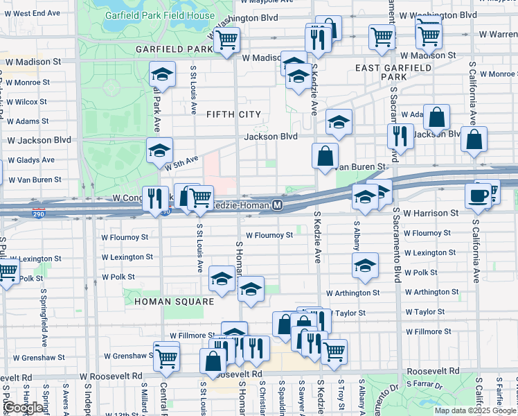 map of restaurants, bars, coffee shops, grocery stores, and more near 3328 West Harrison Street in Chicago