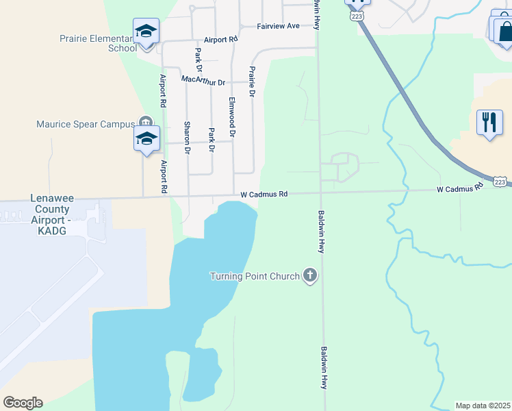 map of restaurants, bars, coffee shops, grocery stores, and more near 1965 West Cadmus Road in Adrian