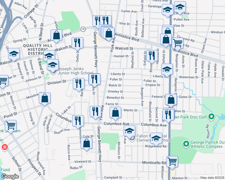 map of restaurants, bars, coffee shops, grocery stores, and more near 60 Greeley Street in Pawtucket