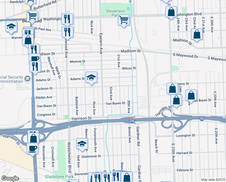 map of restaurants, bars, coffee shops, grocery stores, and more near 1011 32nd Avenue in Bellwood