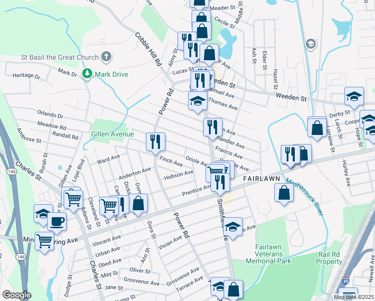 map of restaurants, bars, coffee shops, grocery stores, and more near 138 Oakdale Avenue in Pawtucket