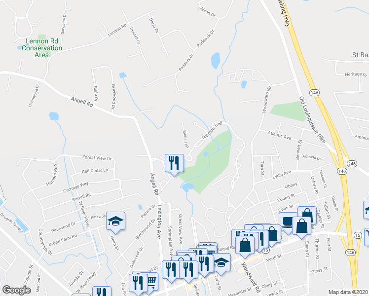 map of restaurants, bars, coffee shops, grocery stores, and more near 35B Stone Trail in North Providence