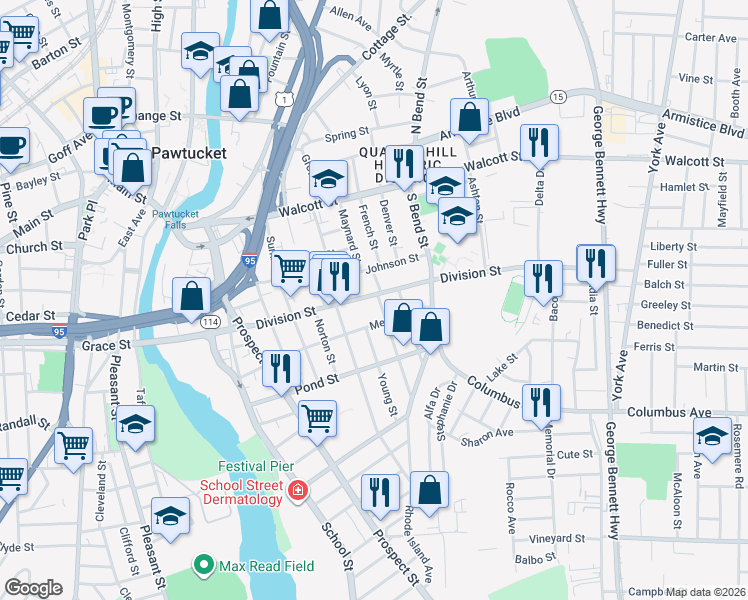 map of restaurants, bars, coffee shops, grocery stores, and more near 255 Division Street in Pawtucket