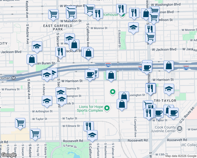 map of restaurants, bars, coffee shops, grocery stores, and more near 2720 West Harrison Street in Chicago