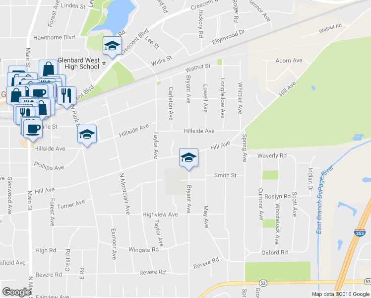 map of restaurants, bars, coffee shops, grocery stores, and more near 394 Bryant Avenue in Glen Ellyn