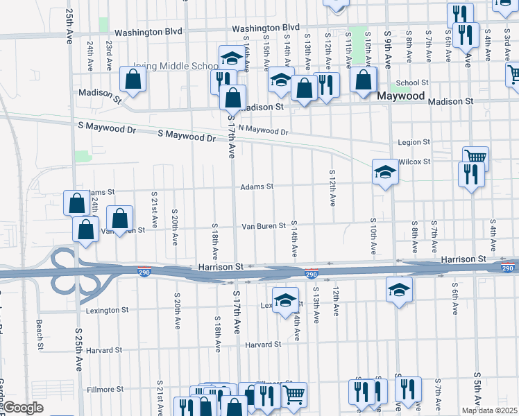 map of restaurants, bars, coffee shops, grocery stores, and more near 1417 South 16th Avenue in Maywood