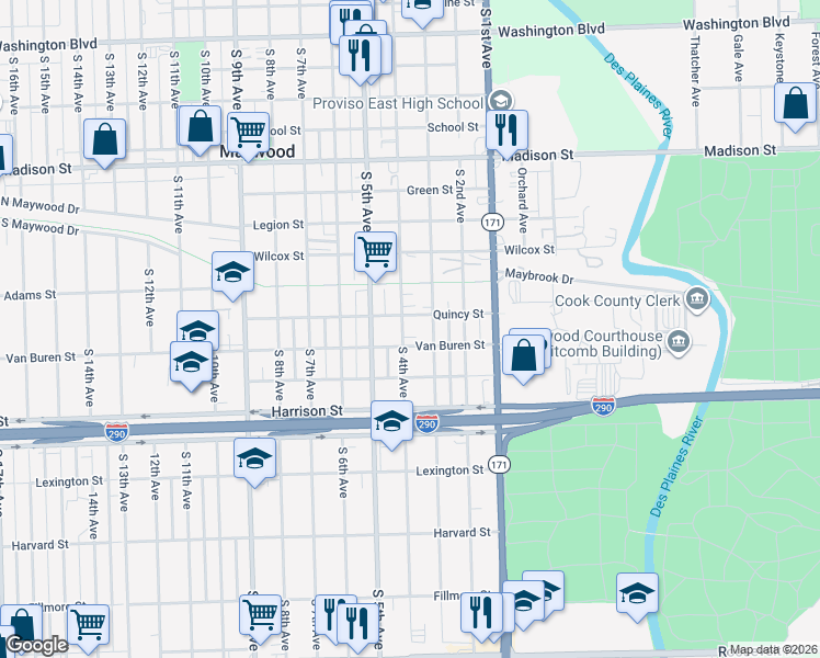 map of restaurants, bars, coffee shops, grocery stores, and more near 1509 South 4th Avenue in Maywood