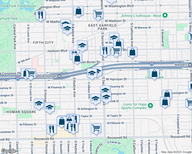 map of restaurants, bars, coffee shops, grocery stores, and more near 3030 West Harrison Street in Chicago