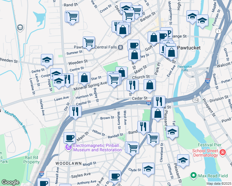 map of restaurants, bars, coffee shops, grocery stores, and more near 31 Mulberry St in Pawtucket