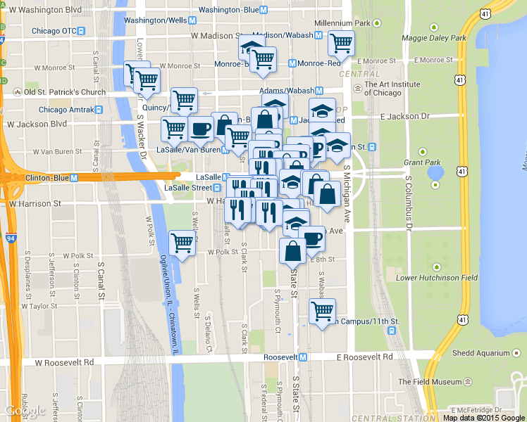 map of restaurants, bars, coffee shops, grocery stores, and more near 600 South Federal Street in Chicago