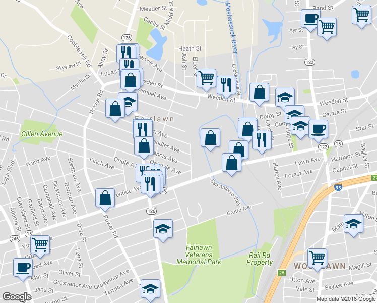 map of restaurants, bars, coffee shops, grocery stores, and more near 5 Chandler Avenue in Pawtucket