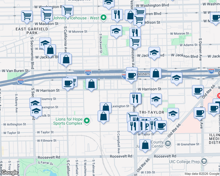 map of restaurants, bars, coffee shops, grocery stores, and more near 2526 West Harrison Street in Chicago