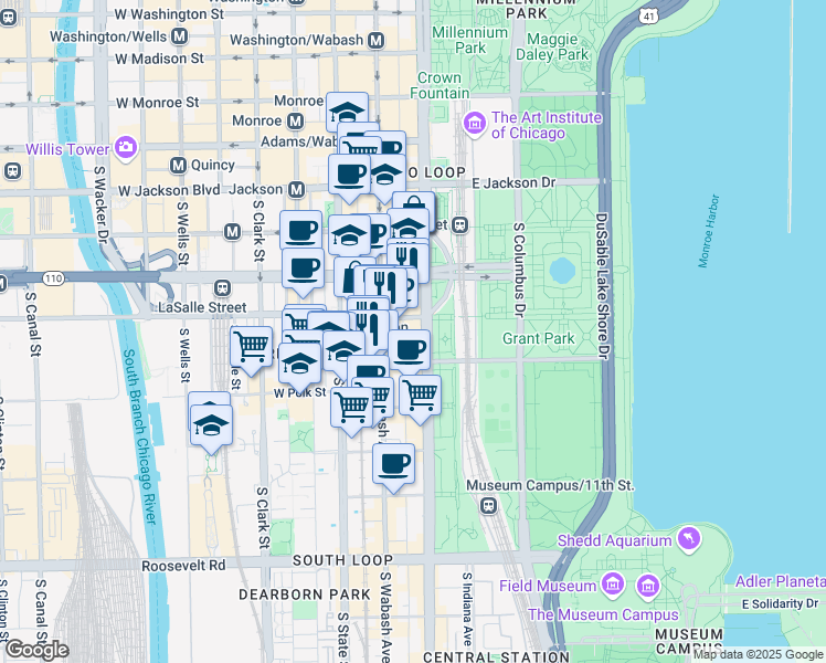 map of restaurants, bars, coffee shops, grocery stores, and more near 610 South Michigan Avenue in Chicago